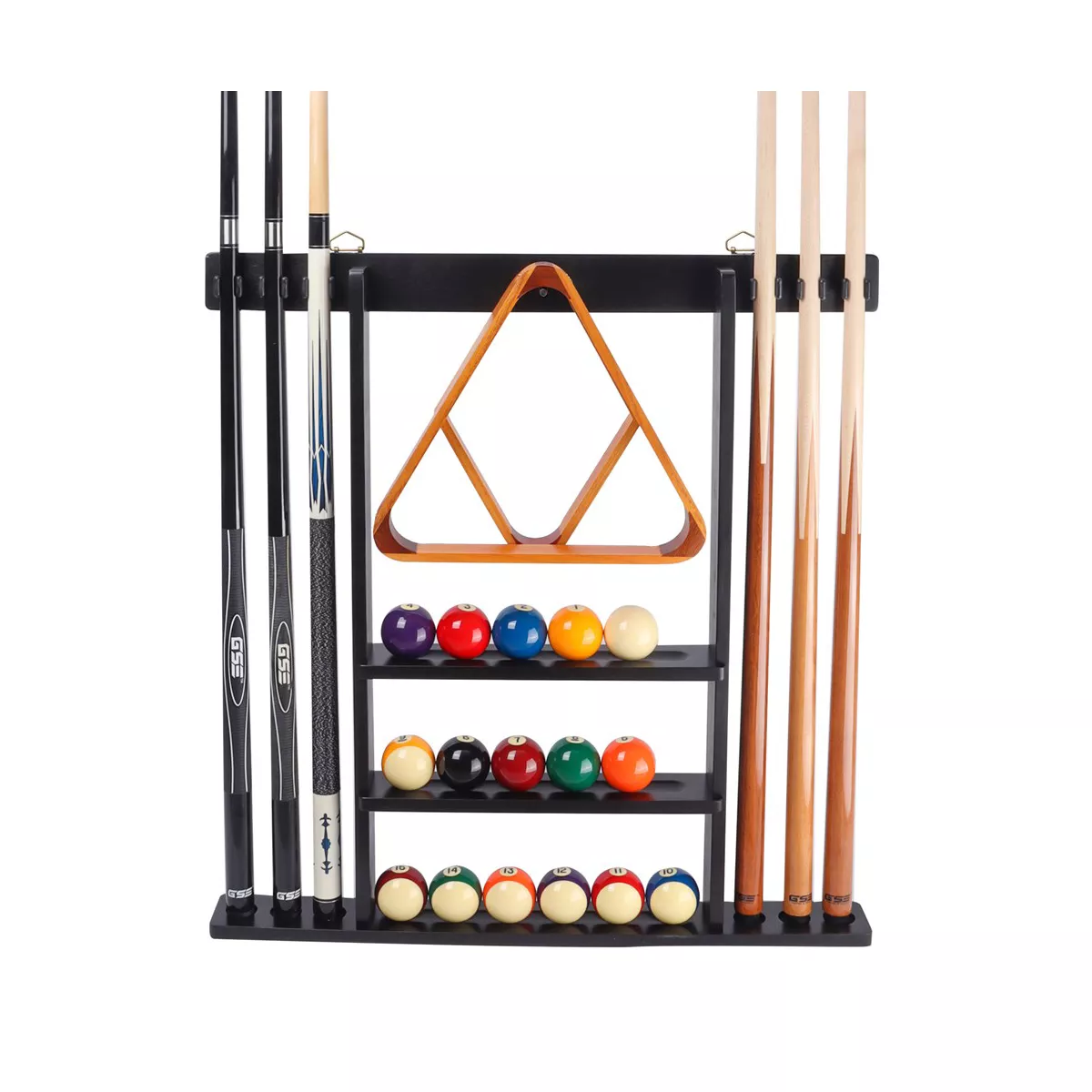 Wooden Wall Mounted Pool Cue Stick Rack, Hanging Wall Mounting Billiard Cue Rack Only, Holds 6 Pool Cue Sticks